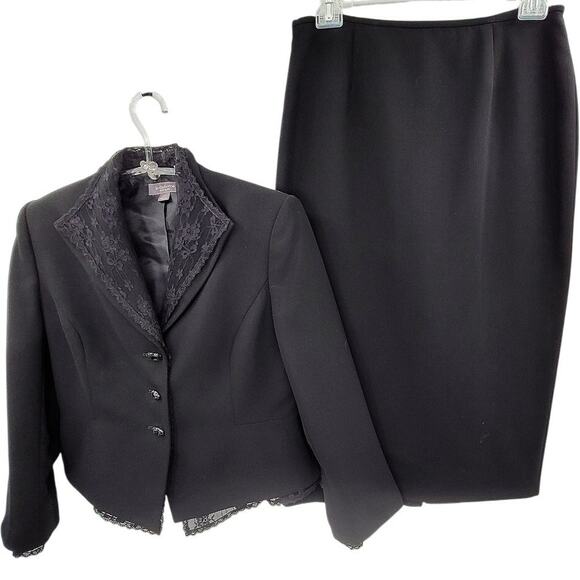 Liz Claiborne Vintage Black Lace Trim 3 Button‎ Whimsy  Midi Shirt Set Suit - Picture 1 of 16